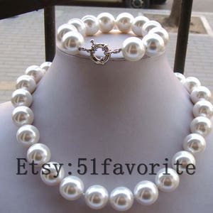 Beautiful huge 12-14-16mm white sea shell pearl necklace bracelet set