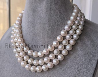 Three Row Cultured Pearl Necklace – AA Grade 9-11mm White Freshwater Pearls