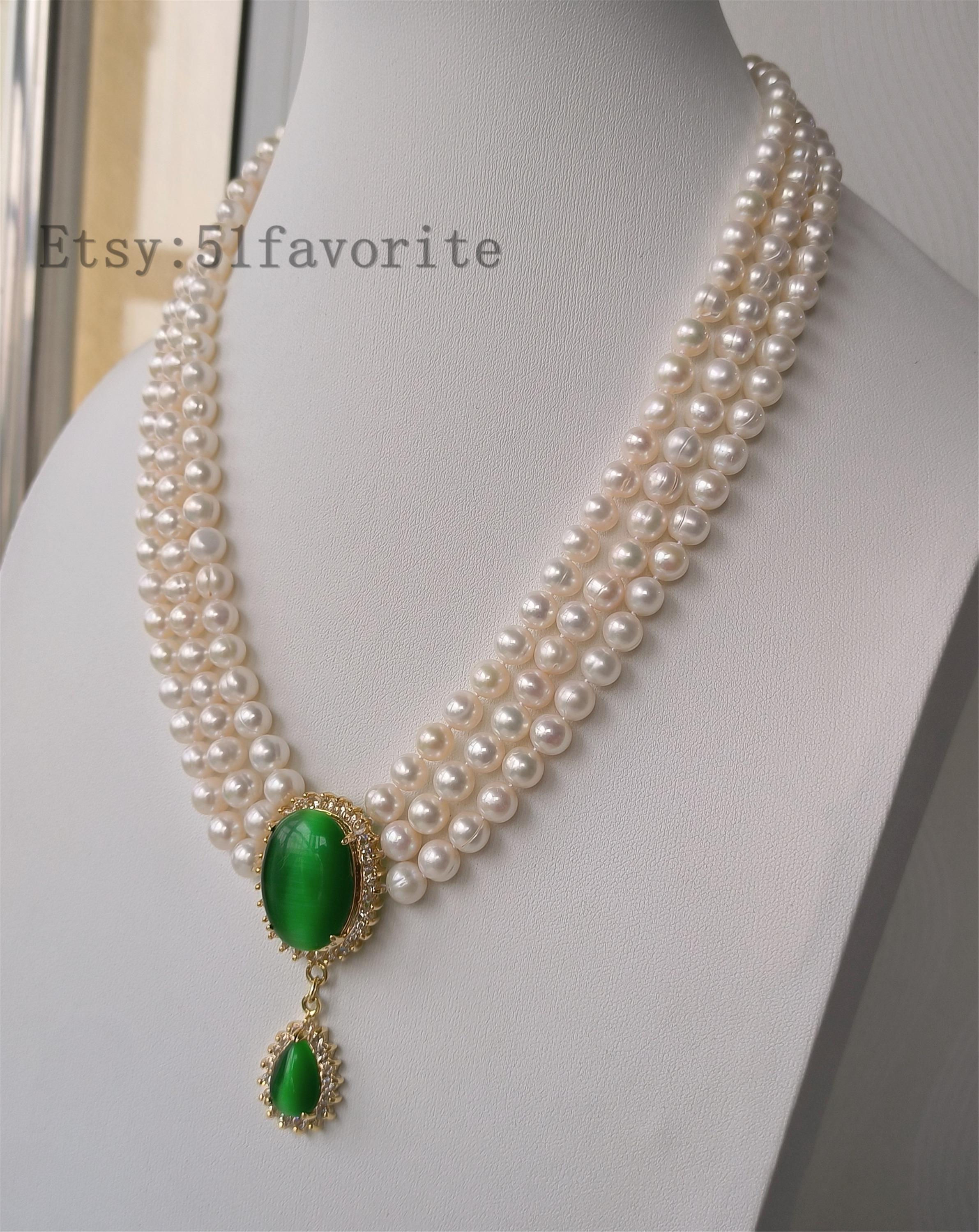 3-row Pearl Necklace: Cultured Freshwater Pearl, Green Opal