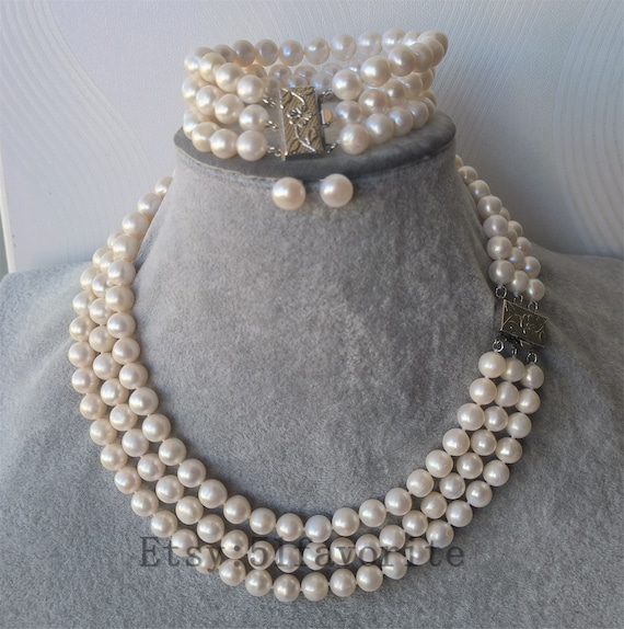 Real Pearl Necklace Bracelet Earrings Set genuine Cultured AA 8
