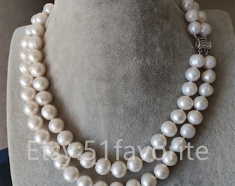 Real pearl set- cultured 2 row AA 11-11.5mm white fresh water pearl 2 row necklace, bride Bridesmaid necklace jewelry