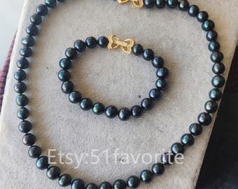 AAA 8-8.5 mm schwarze Süßwasser-Zuchtperlen Halskette Armband-Set - Brautjungfer Schmuck