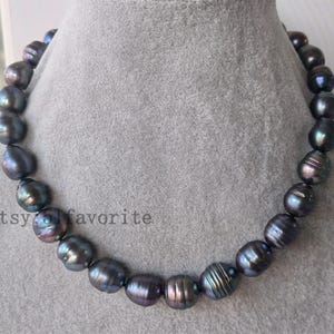 Real pearl necklace, cultured 11-13.5 mm rice baroque black fresh water pearl necklace, bride Bridesmaid black pearl necklace