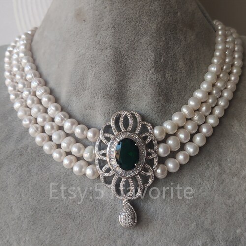 Pearl Necklace 3 Row Cultured White Fresh Water Pearl & Green - Etsy