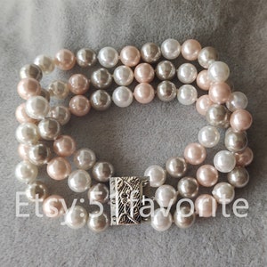 Shell pearl bracelet- 3 rows 8mm multi-color white gray pink sea shell pearl bracelet, shell pearl necklace wedding necklace, women bracelet