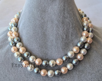 Shell Pearl, mother of pearl Necklace: 2 row 10mm multi-color, Wedding Jewelry