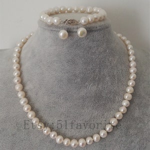 Conjunto de joias com pérolas de água doce: colar, pulseira e brincos - Presente de noiva