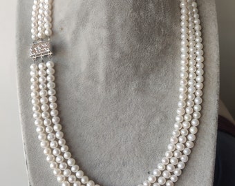 Real pearl necklace, cultured AA+ 8-8.5mm white fresh water pearl necklace, 3 row real pearl bride Bridesmaid wedding necklace