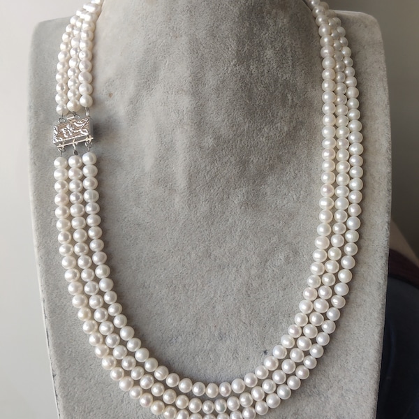 Real pearl necklace, cultured AA+ 8-8.5mm white fresh water pearl necklace, 3 row real pearl bride Bridesmaid wedding necklace