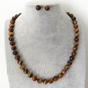 Tiger Eye Stone Necklace and Stud Earrings Set - 10mm