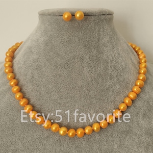 Real pearl set- cultured 8-8.5mm yellow fresh water pearl necklace earring set, bride Bridesmaid necklace earrings jewelry