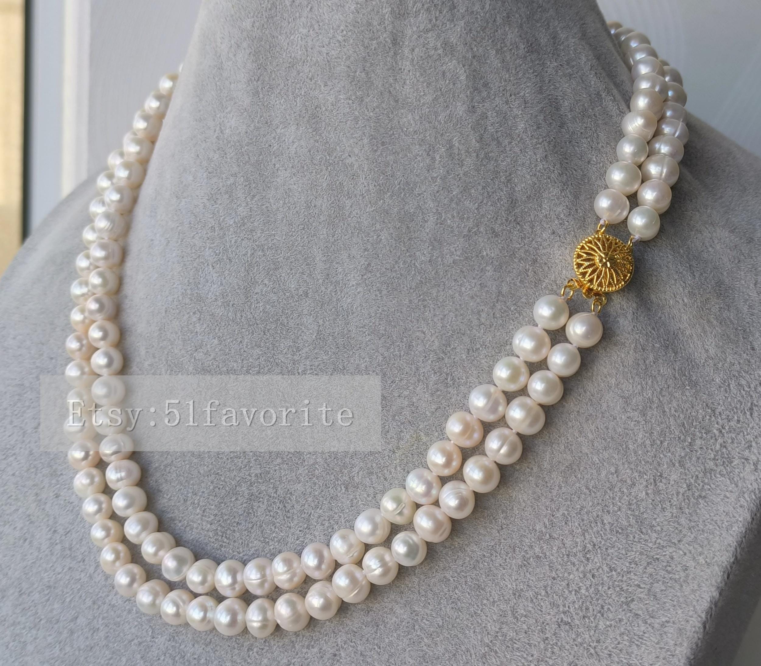 Set Orecchini E Collana Con Perle Di Conchiglia Tonde Bianche, 3 File, 8 Mm, Lunghezza 17-19 Pollici, Fatto A Mano