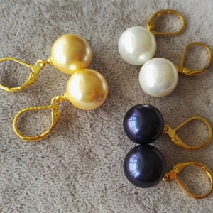 12mm Shell Pearl Dangle Earrings: White, Yellow, Dark Blue - 3 Pairs