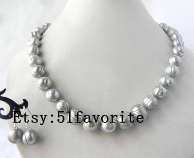 pearl necklace earrings set genuine cultued 11-12 gray pearl necklace 18 inch /& dangle earrings set