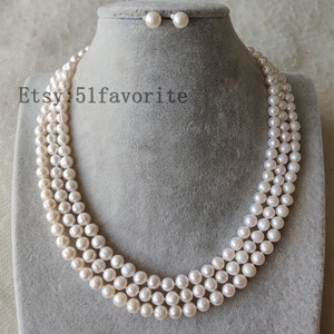 pearl necklace earrings set - genuine cultured AA+ 7-7.5mm white fresh water pearl wedding necklace & stud earrings set