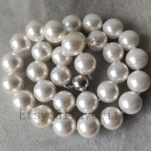 White Shell Pearl Necklace: Knotted Bridal Jewelry, Magnet Clasp