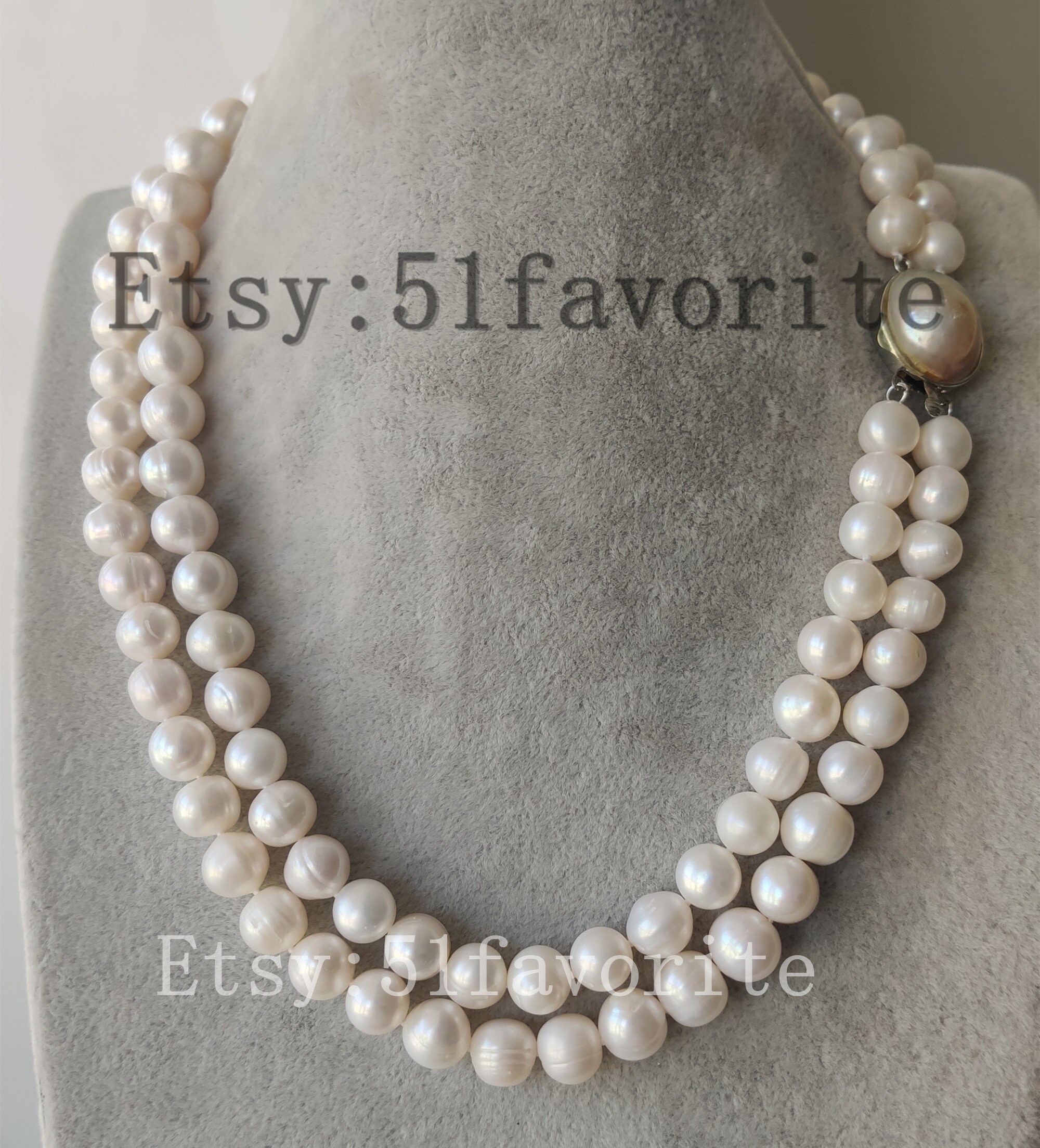 Two-row White Freshwater Pearl Necklace: 10-10.5mm Cultured Pearls