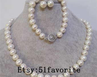 pearl necklace bracelet earrings set - genuine cultued 9-10mm white pearl necklace & bracelet 7.5-8 inch stud earrings set