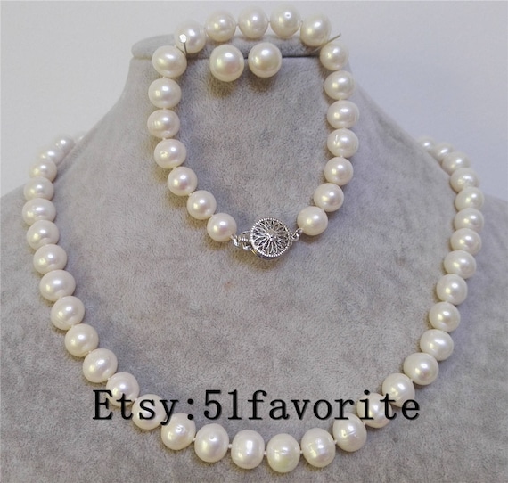 Pearl Necklace Bracelet Earrings Set Genuine Cultued 9 10mm White Pearl Necklace Bracelet 7.5 8 Inch Stud Earrings Set Etsy Ireland
