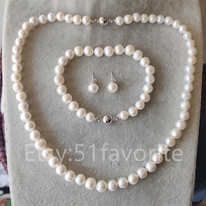 Real pearl necklace bracelet earrings set-genuine cultured 7-7.5mm white fresh water pearl wedding  necklace bracelet earring set