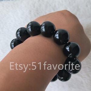 Black agate bracelet- pretty huge 20mm black agate stone Elastic bracelet 6.5-9 inch, bride shell pearl Bridesmaid bracelet