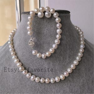 Pearl necklace bracelet set- cultured 7-7.5mm cream white fresh water pearl necklace bracelet set