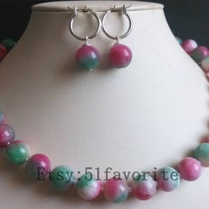 Jade necklace earring set - beautiful 12mm colorlful rainbow jade fashion wedding necklace & earrings set