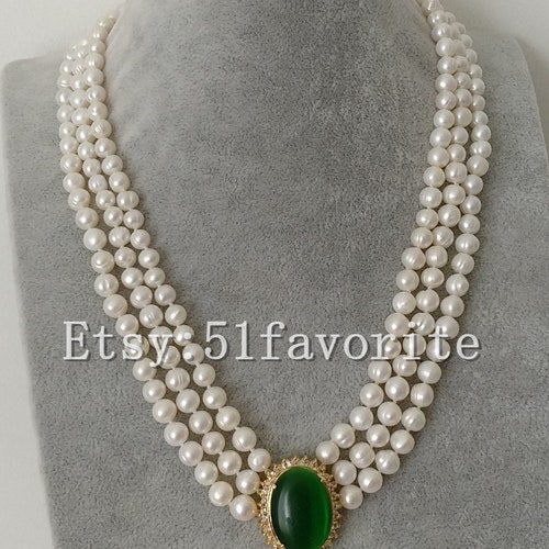 Pearl Necklace 3 Row Cultured White Fresh Water Pearl & Green - Etsy