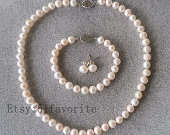 Freshwater Pearl Jewelry Set: AA Grade Necklace, Bracelet & Stud Earrings