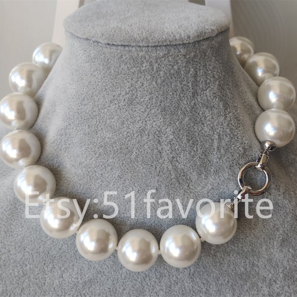 Collar de perlas de concha - enorme collar de boda de perlas de concha de mar blanco de 20 mm de 16-22 pulgadas, collar de perlas de concha, collar de novia dama de honor de boda