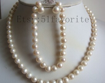 Ensemble de perles - véritables AA + 8-8,5 mm blanches, collier de perles d'eau douce, bracelet, boucles d'oreilles, mariée, cadeau de demoiselle d'honneur, mariage, ensemble de vraies perles