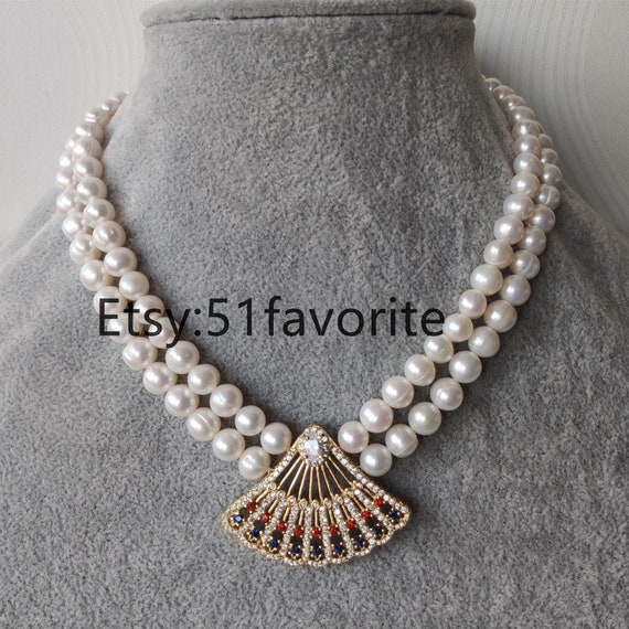 Pearl Necklace 2 Row Cultured White Fresh Water Pearl Colorful