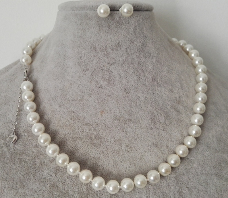 Shell pearl necklace earring set 1.5 inch extend chain stud earring set 8mm white sea shell pearl necklace 15-25 inch