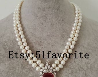 Pearl set- real cultured white fresh water pearl wedding necklace, pearl red zirconia wedding necklace ,bride necklace earrings