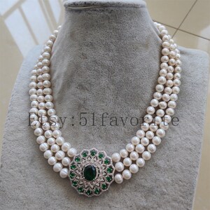 Pearl Necklace 3 Row Cultured White Fresh Water Pearl & Green - Etsy