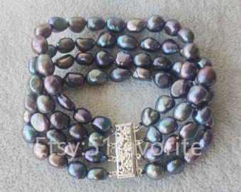 Black Pearl Bracelet: 4-Row Baroque Freshwater Pearl Jewelry