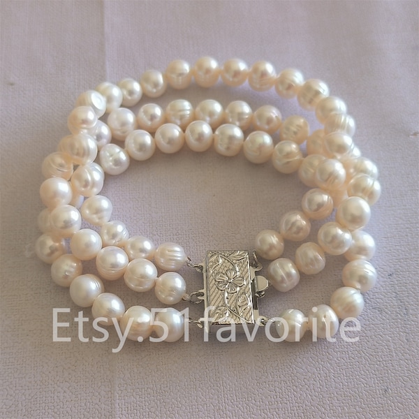 Bracelet de vraies perles - 3 rangs AA + 8-8,5 mm de perles d'eau douce blanches, demoiselle d'honneur mariée, bracelet de perles 3 rangs, bracelet cadeau bijoux en perles