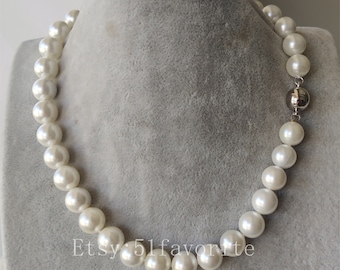 Shell pearl necklace - 12/14/16mm white sea shell pearl necklace, shell pearl magnet clasp necklace, Bride bridesmaid wedding gift necklace