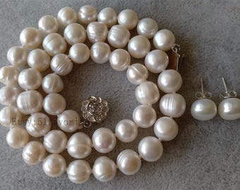 Cultured Pearl Necklace and Earring Set: White Freshwater Pearl Jewelry