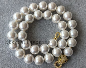 Shell necklace - Big 12mm, 14mm, 16mm, 18mm, 20mm  white sea shell pearl, mother of pearl wedding necklace 18-25 inch Leopard head clasp