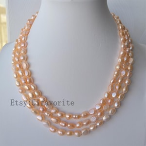 Pink Rice Baroque Pearl Necklace: 3 Row Freshwater Pearl Strand
