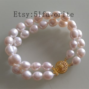 Pearl bracelet- 100% genuine cultured 10-11mm white rice baroque fresh water pearl 2 row bridesmaid bride jewelry bracelet