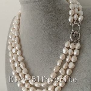 pearl necklace - Beautiful genuine cultured 3 row 9-10mm white baroque fresh water pearl necklace 15-25 inch