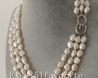 Skysk Natural South Sea Pearl Necklace – 3 Rows, Baroque White Pearls, 18-20 Inch, Yellow Gold Plated, Handmade