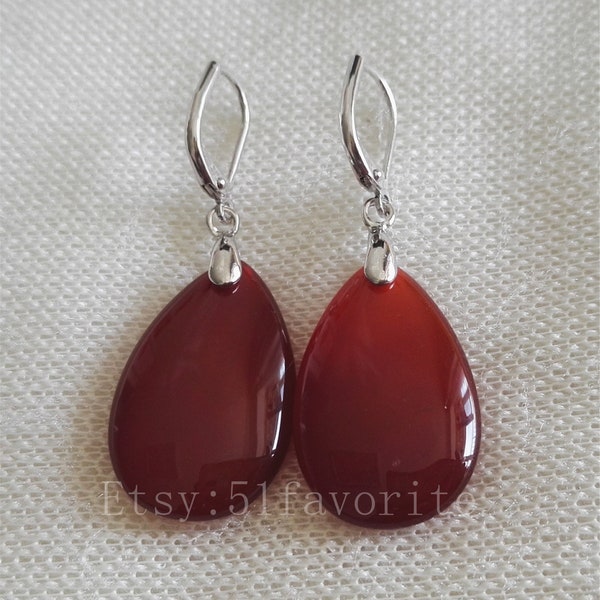 Red agate earring-lovely 15-30mm flat drop red agate lever back / clip earrings, bride Bridesmaid wedding red agate gift jewelry