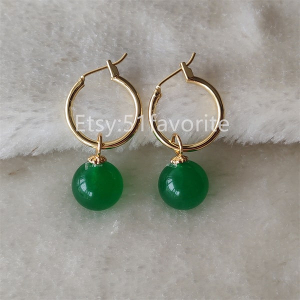 Jade earring- pretty 12mm Malay green jade hook drop earrings, bridesmaid jade earrings, bride earrings