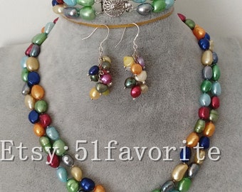 Real pearl necklace -genuine cultured 2 row 8-9mm Multi-color baroque fresh water pearl wedding necklace 15-22 inch bracelet earrings