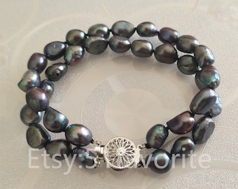 Black Baroque Pearl Bracelet: Cultured Freshwater Rice Pearl, 8-9mm