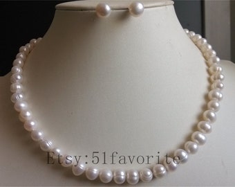 White Freshwater Pearl Necklace and Earring Set: AA Grade, 7-7.5mm