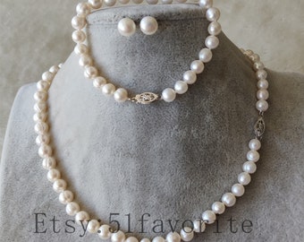 White Freshwater Pearl Jewelry Set: AA Grade Necklace, Bracelet & Earrings